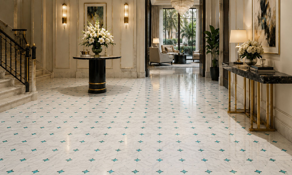 Luxury waterjet marble floor tile with turquoise accents in hotel lobby