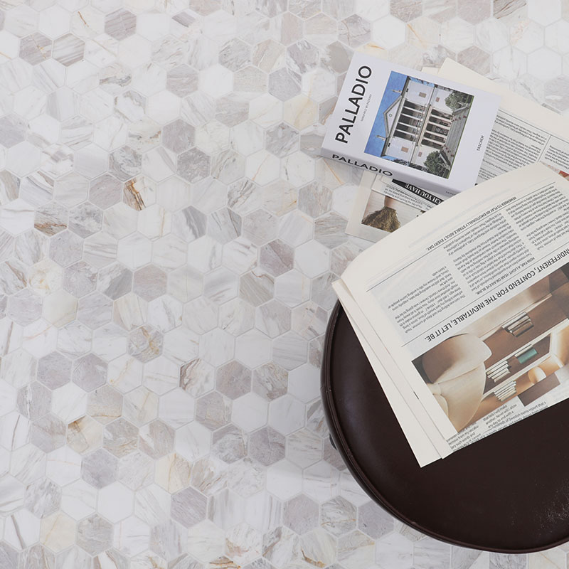 Luxury white and gray marble hexagon mosaic flooring with elegant natural stone patterns