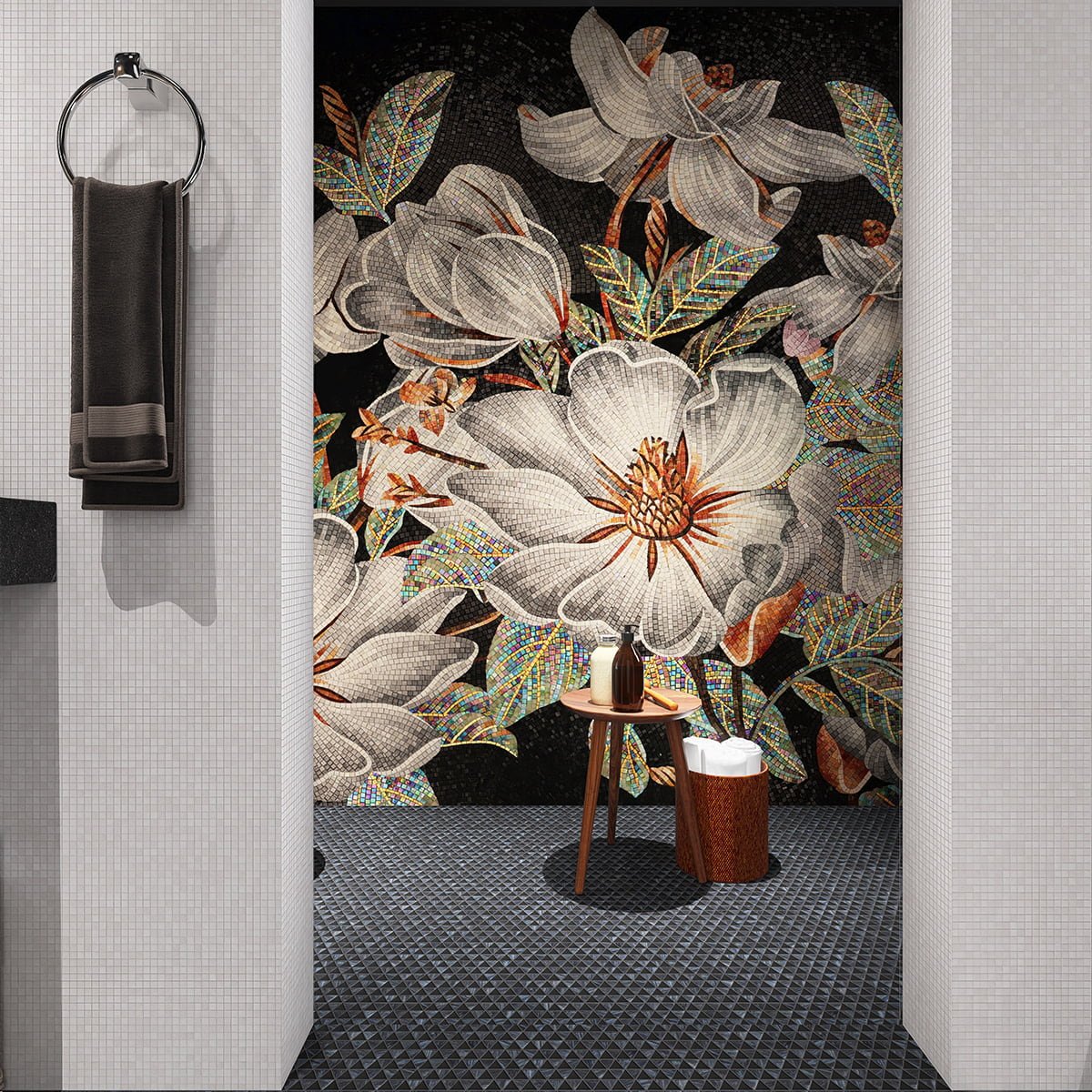 Handmade magnolia mosaic wall art featured in a modern bathroom interior.
