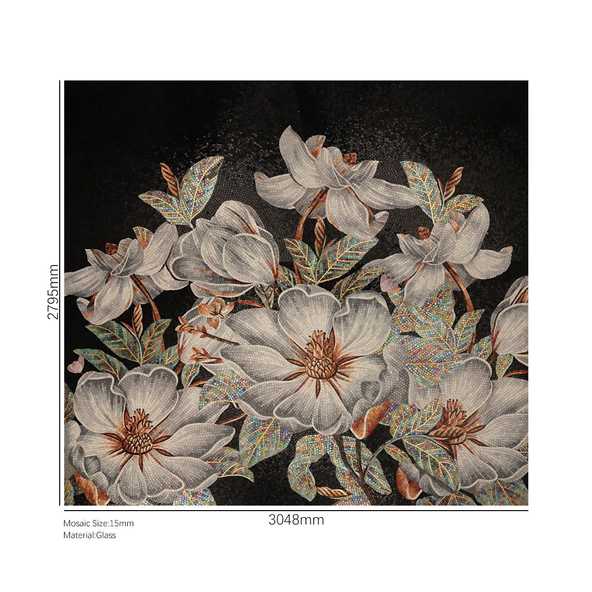 Full view of magnolia mosaic wall art with dimensions and material specifications.