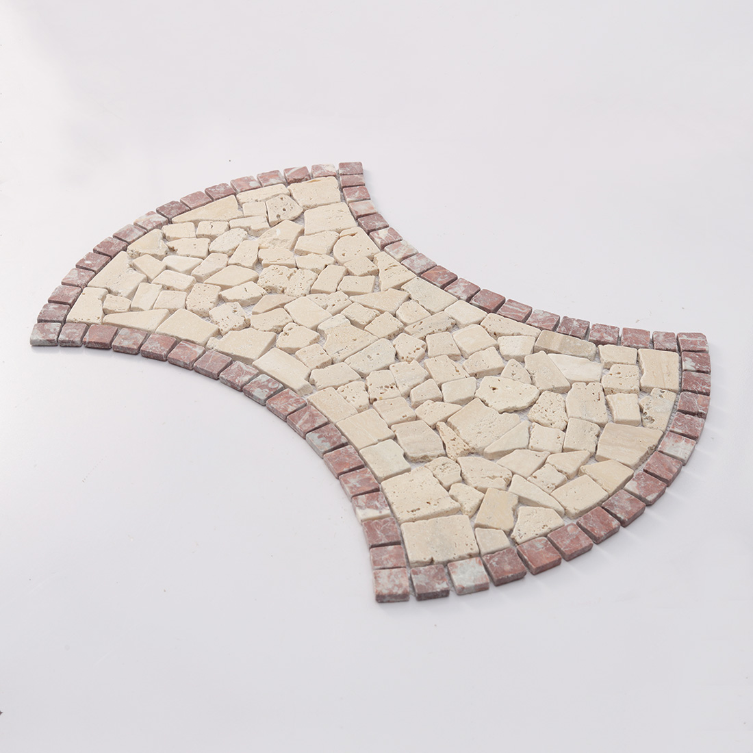 Angled view of the beige and red irregular mosaic tile.