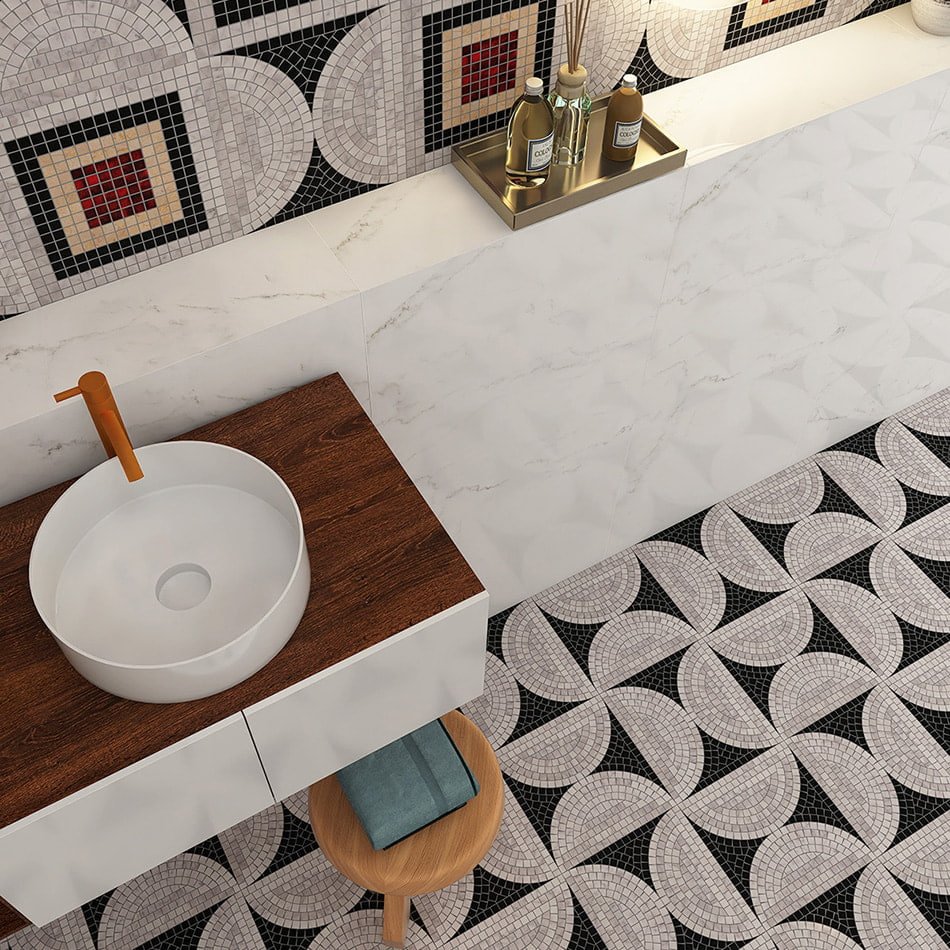 Bathroom with marble mosaic floor and wooden vanity unit.