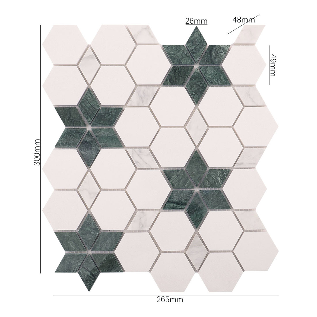 Dimension diagram of white and green marble mosaic tile sheet (265x300mm).