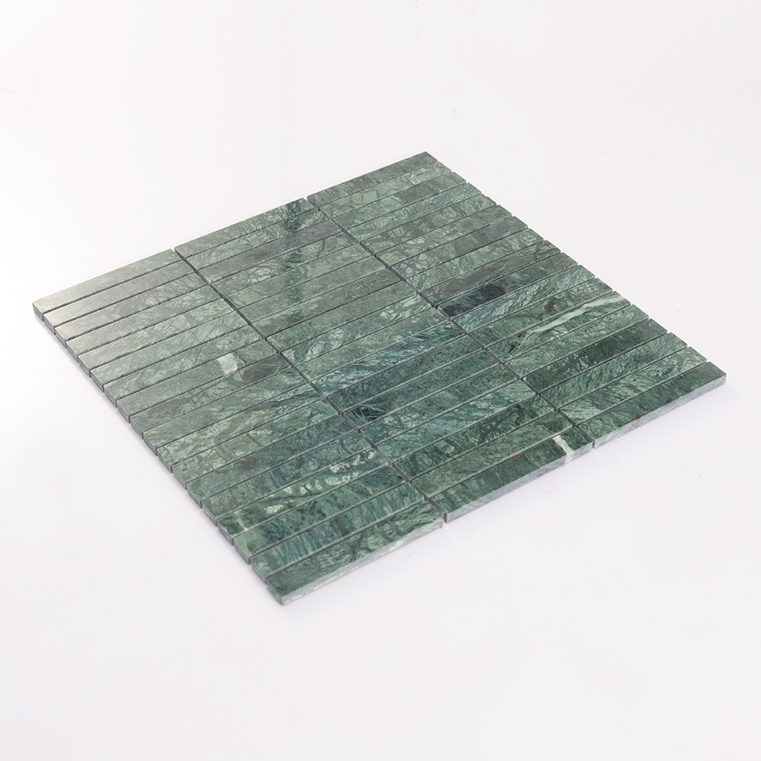 Angled view of green marble stacked mosaic tile.