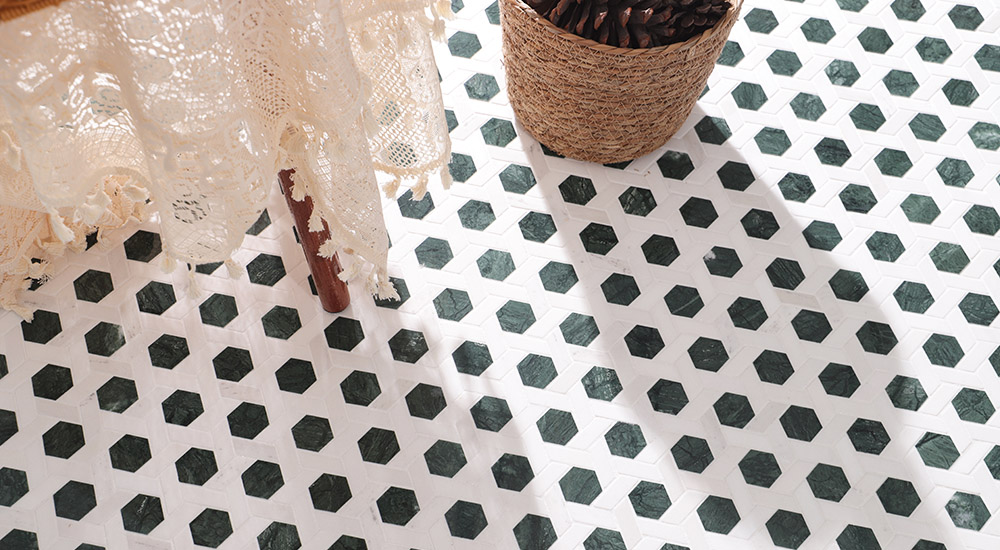 {"default":"Marble tile Hexagon in Carrara White and Indian Green geometric mosaic flooring."}
