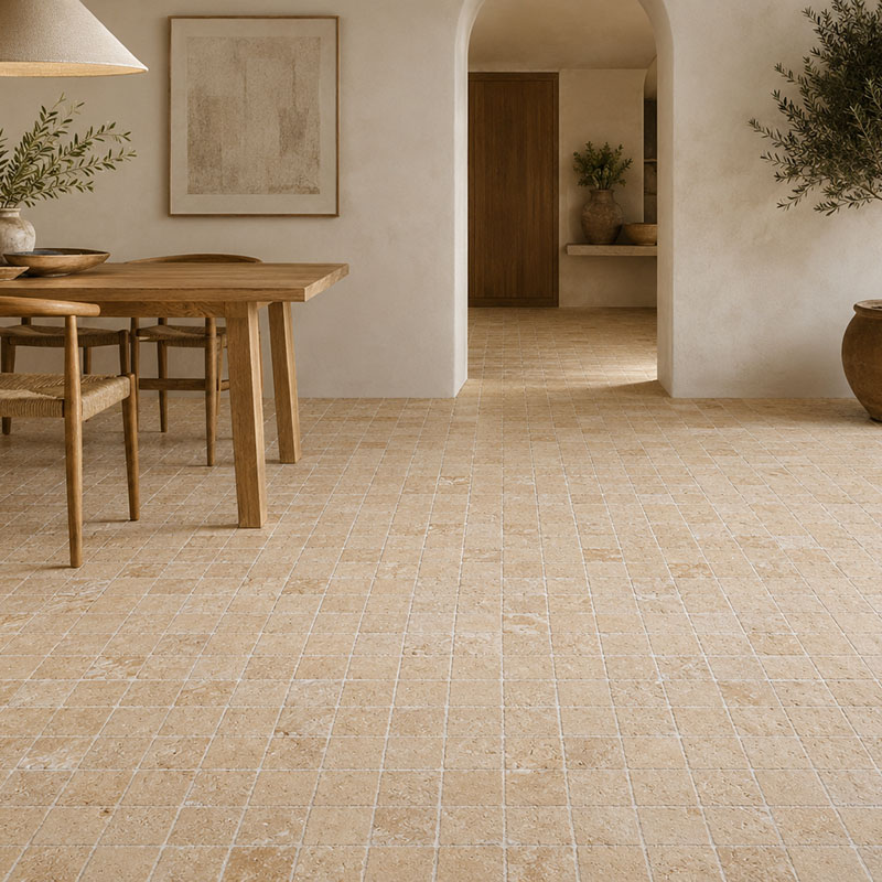 Mediterranean limestone floor tiles in a warm rustic dining room