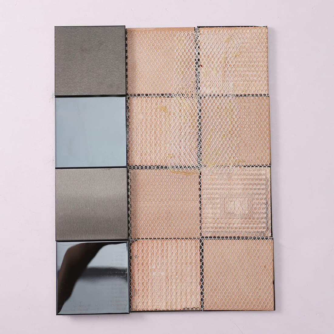 Side and mesh backing view of 3D stainless steel mosaic tile sheet