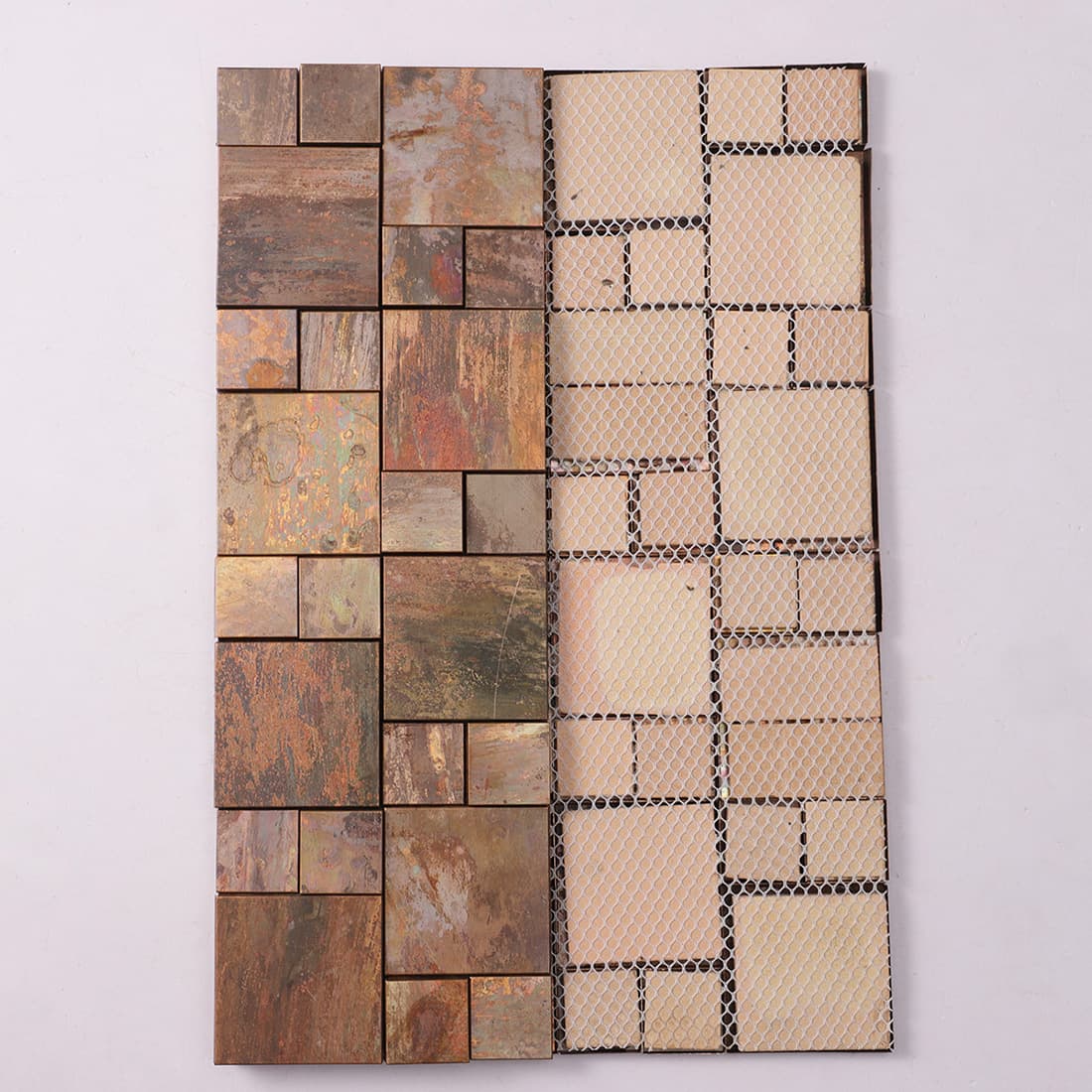 Back view of mesh mounted antique copper mixed size metal mosaic tile