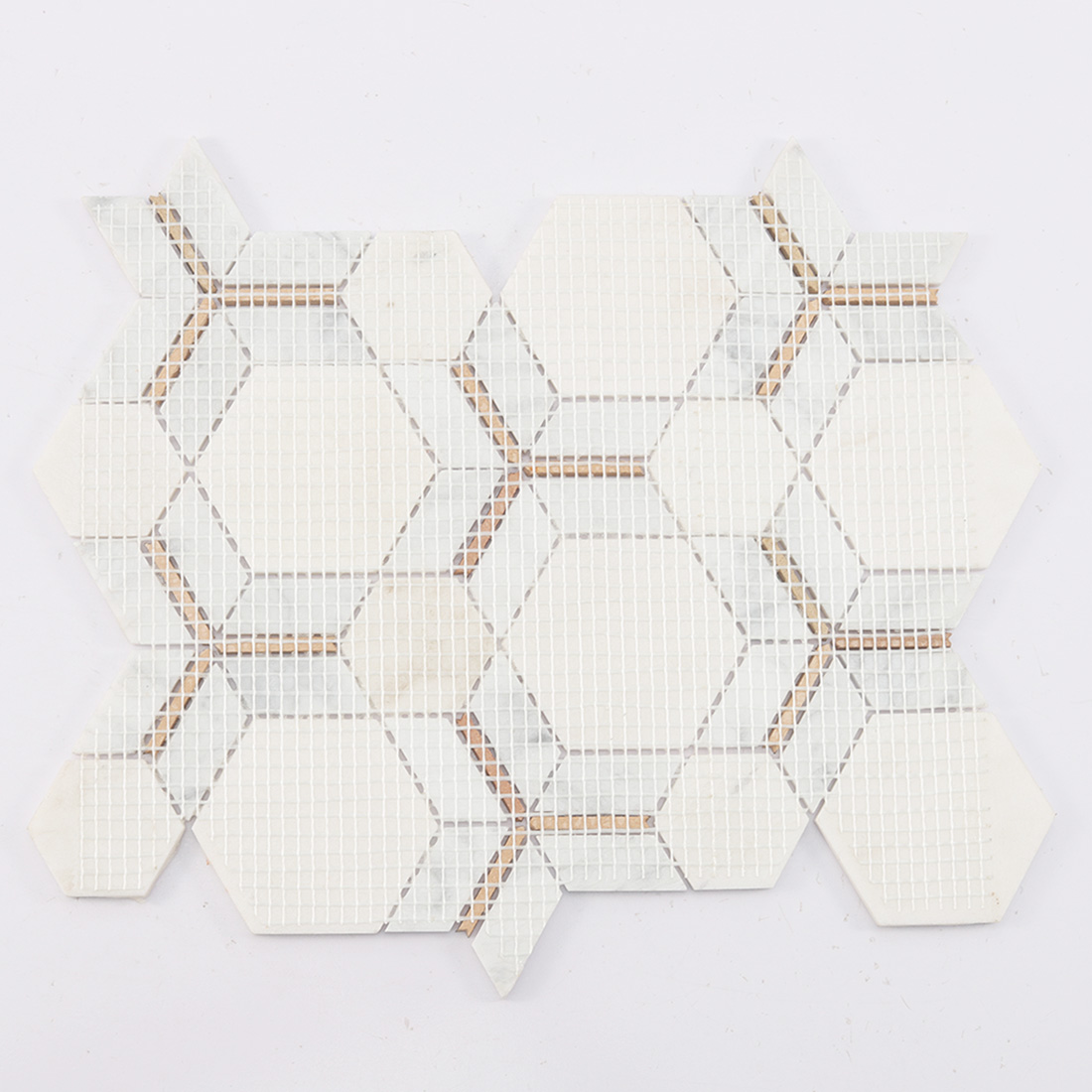Mesh backed framed hexagon marble mosaic tile with gold inlay