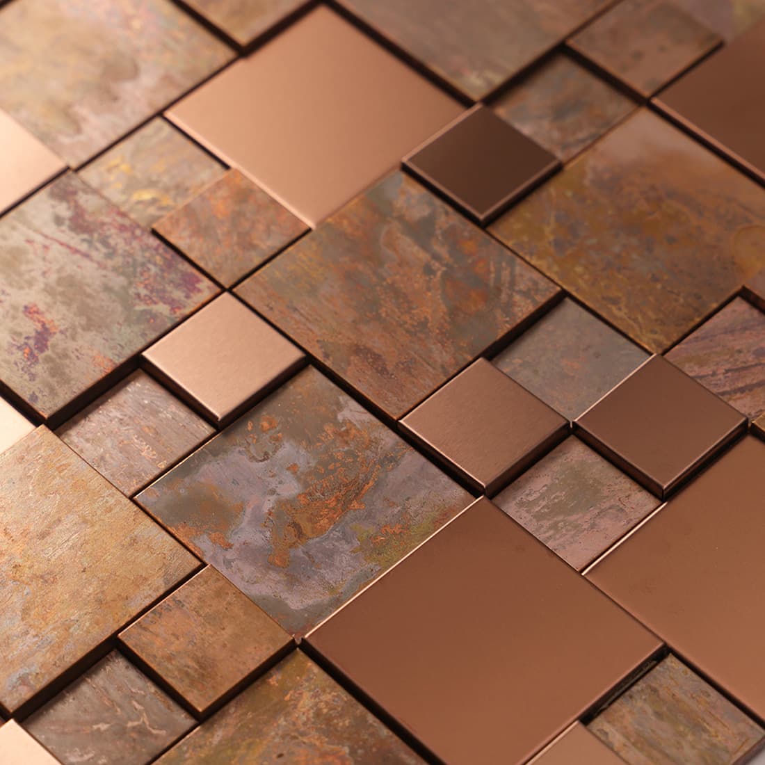 Side and back view of rose gold and antique copper metal mosaic tile sheet