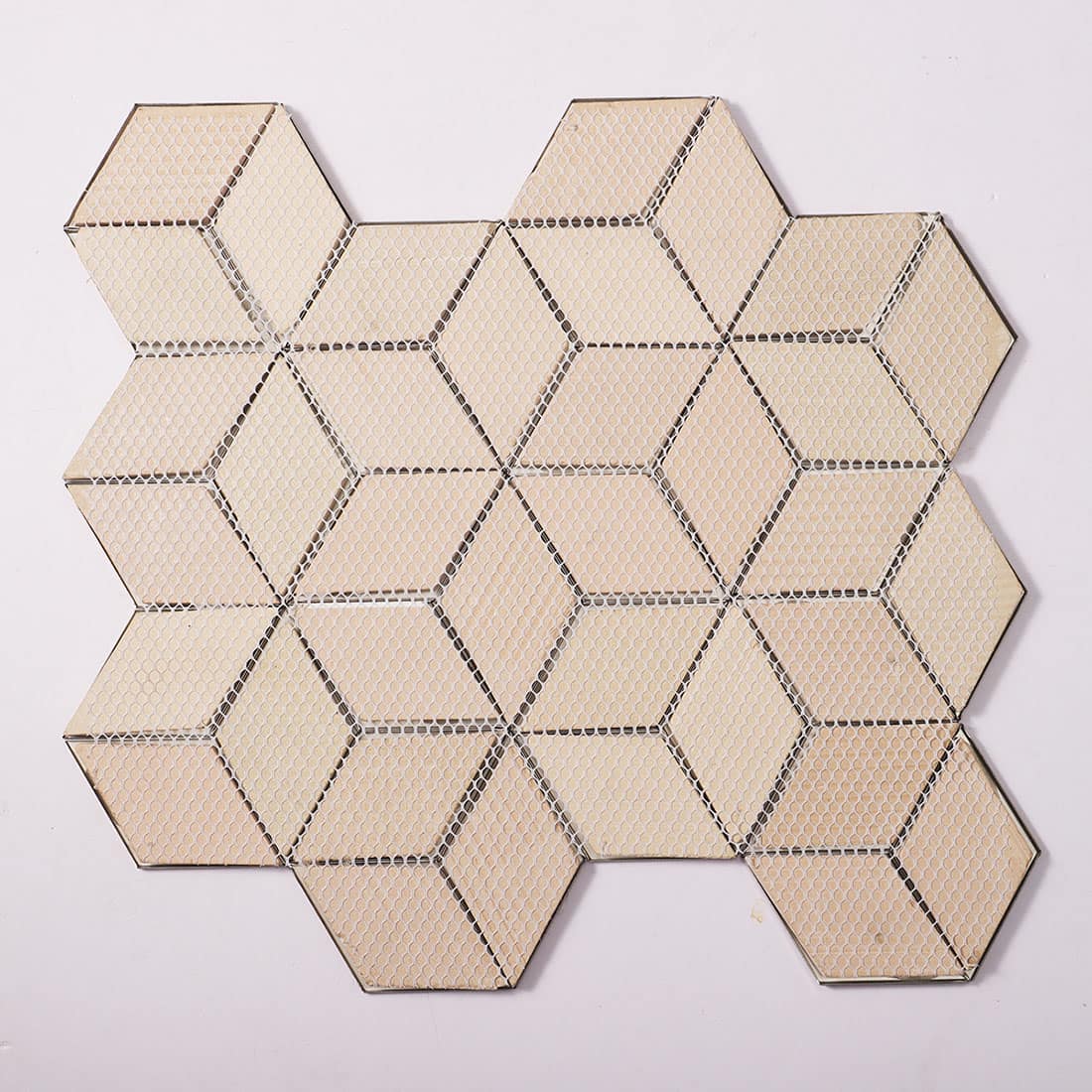 Back view of mesh mounted rose gold cube stainless steel mosaic tile