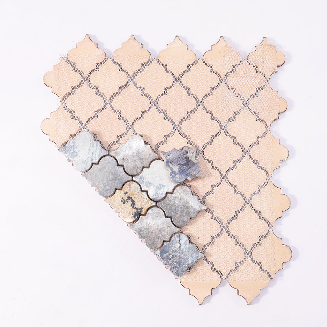 Mesh backing on reverse side of arabesque lantern aluminum mosaic sheet