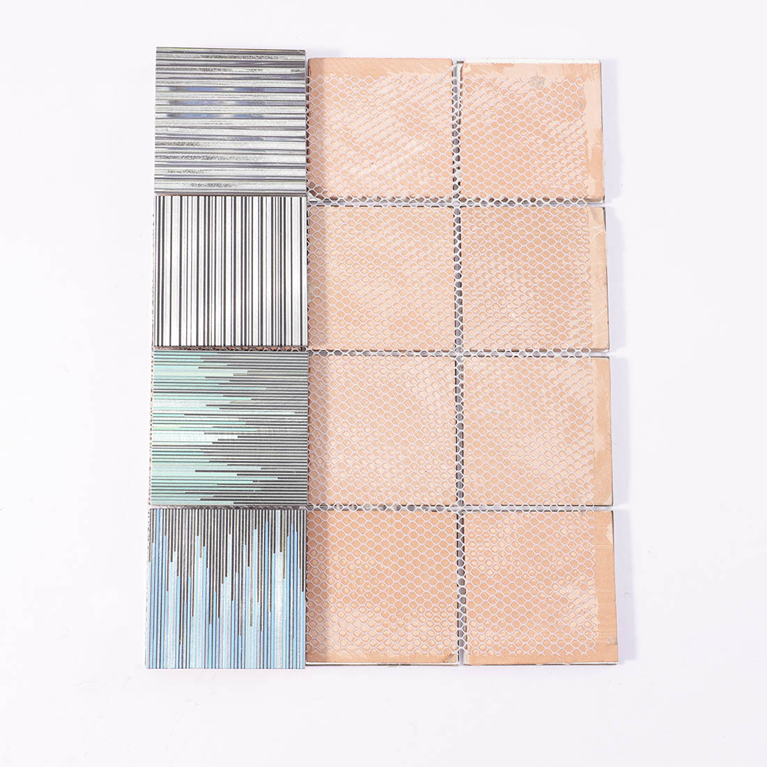 Mesh backing on reverse side of barcode square aluminum mosaic sheet