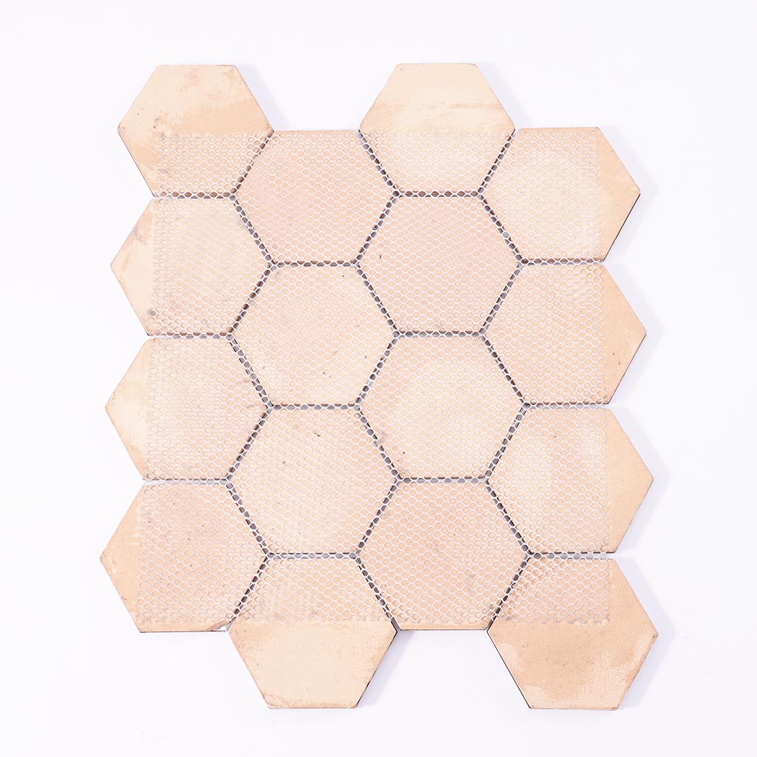 Mesh backing on reverse side of blue gold hexagon aluminum mosaic sheet