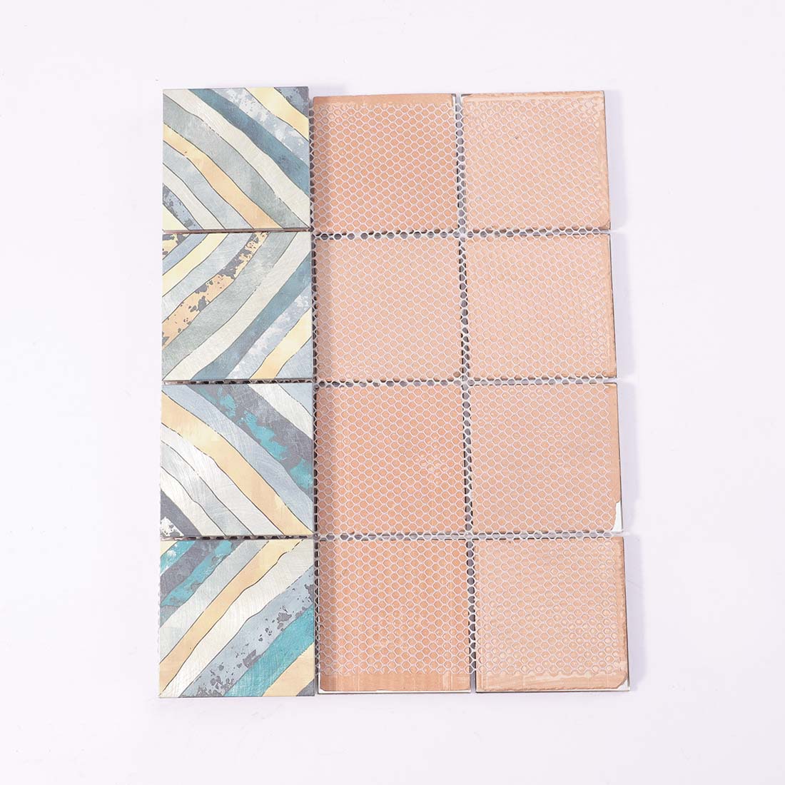 Mesh backing on reverse side of blue gold square aluminum mosaic sheet