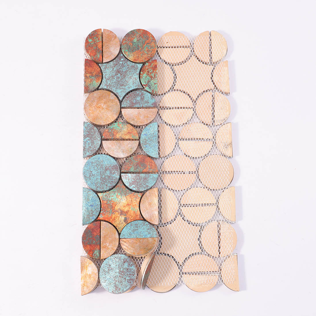 Front and mesh backing view of copper verdigris round aluminum mosaic tile