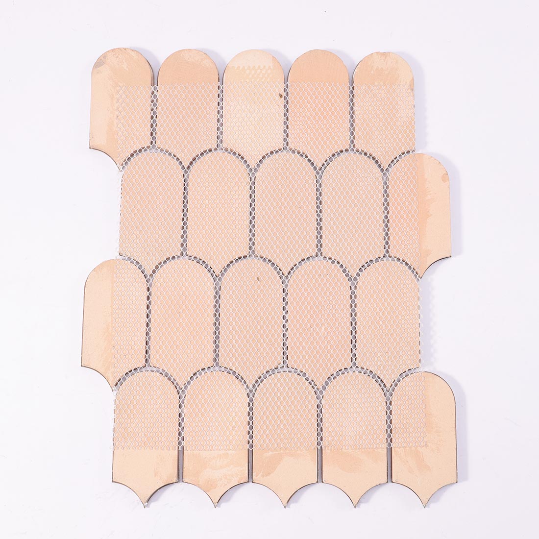 Mesh backing on reverse side of fish scale arched aluminum mosaic tile sheet