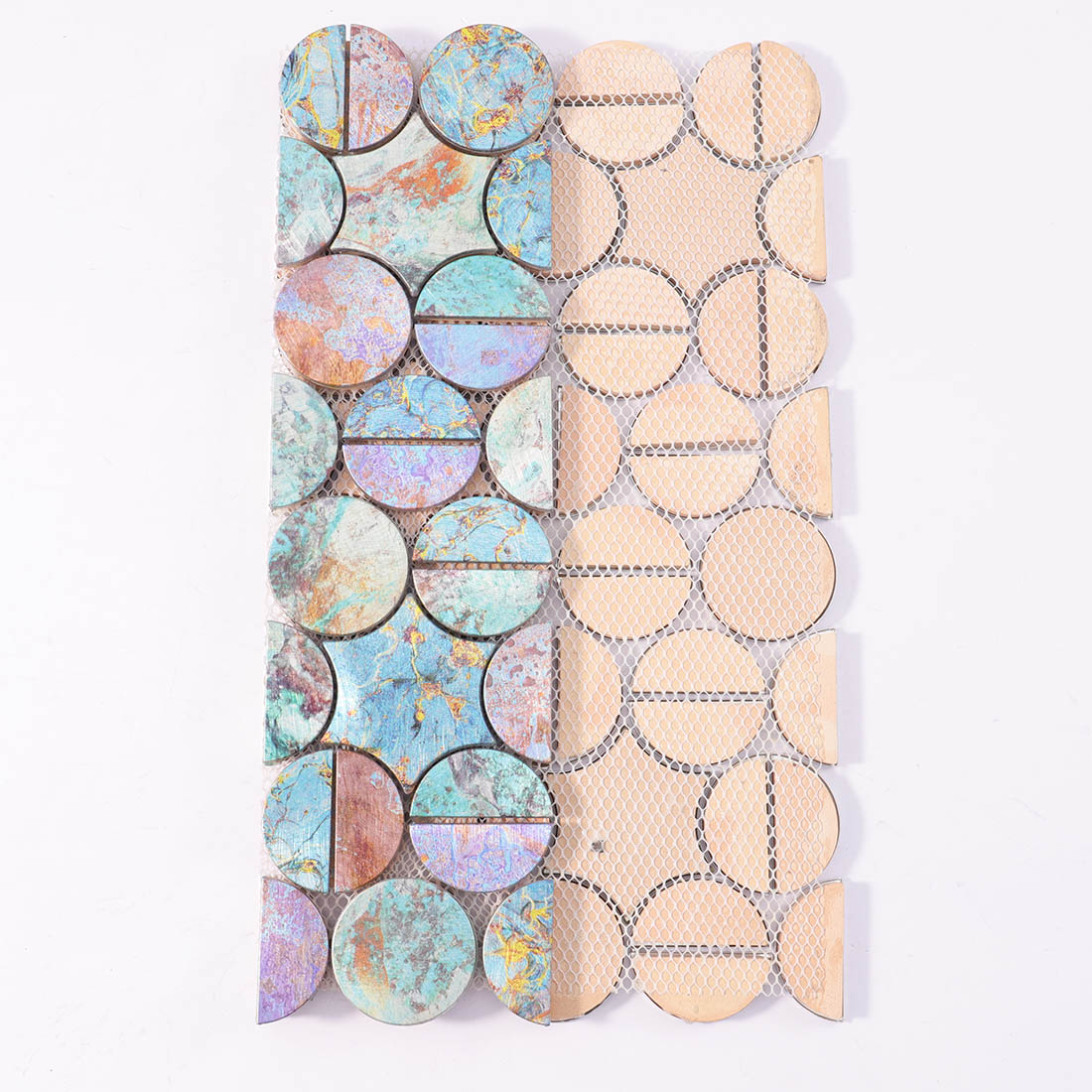 Front and mesh backing view of iridescent aluminum round mosaic tile