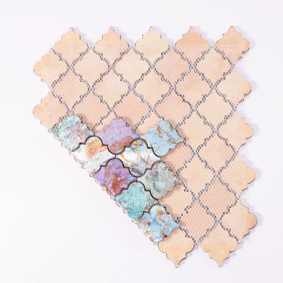 Mesh backing on reverse side of multicolor patina lantern aluminum mosaic sheet