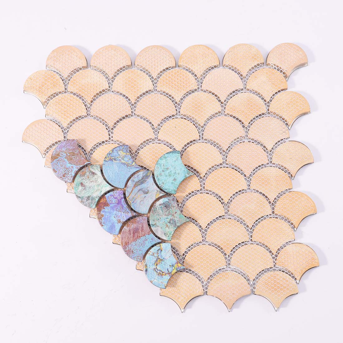 Mesh backing on reverse side of oxidized verdigris fish scale aluminum mosaic
