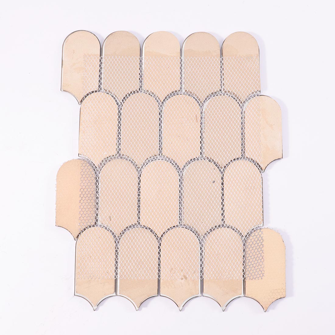 Mesh backing on reverse side of vintage copper arched aluminum mosaic sheet