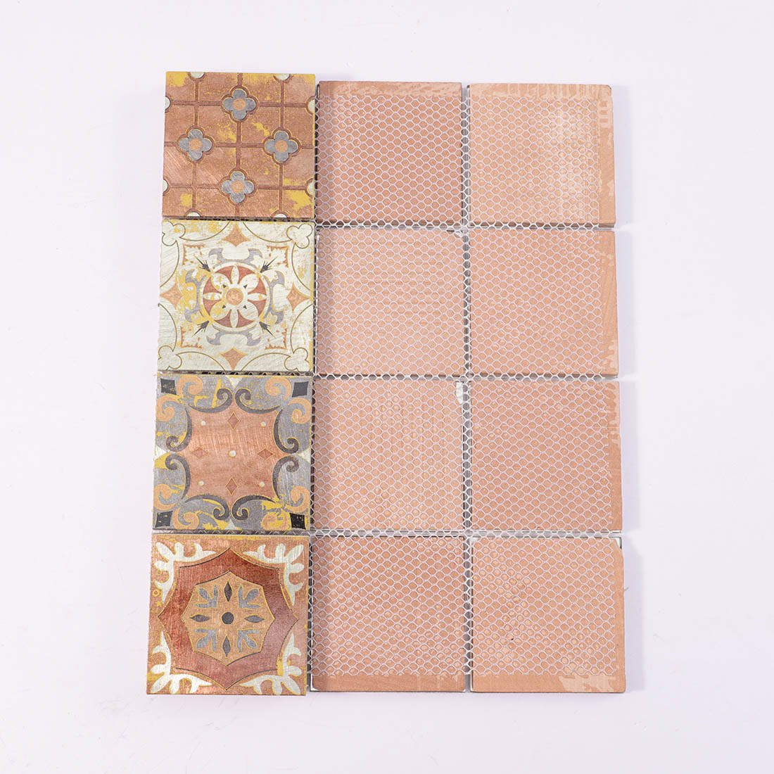 Mesh backing on reverse side of vintage square aluminum mosaic sheet
