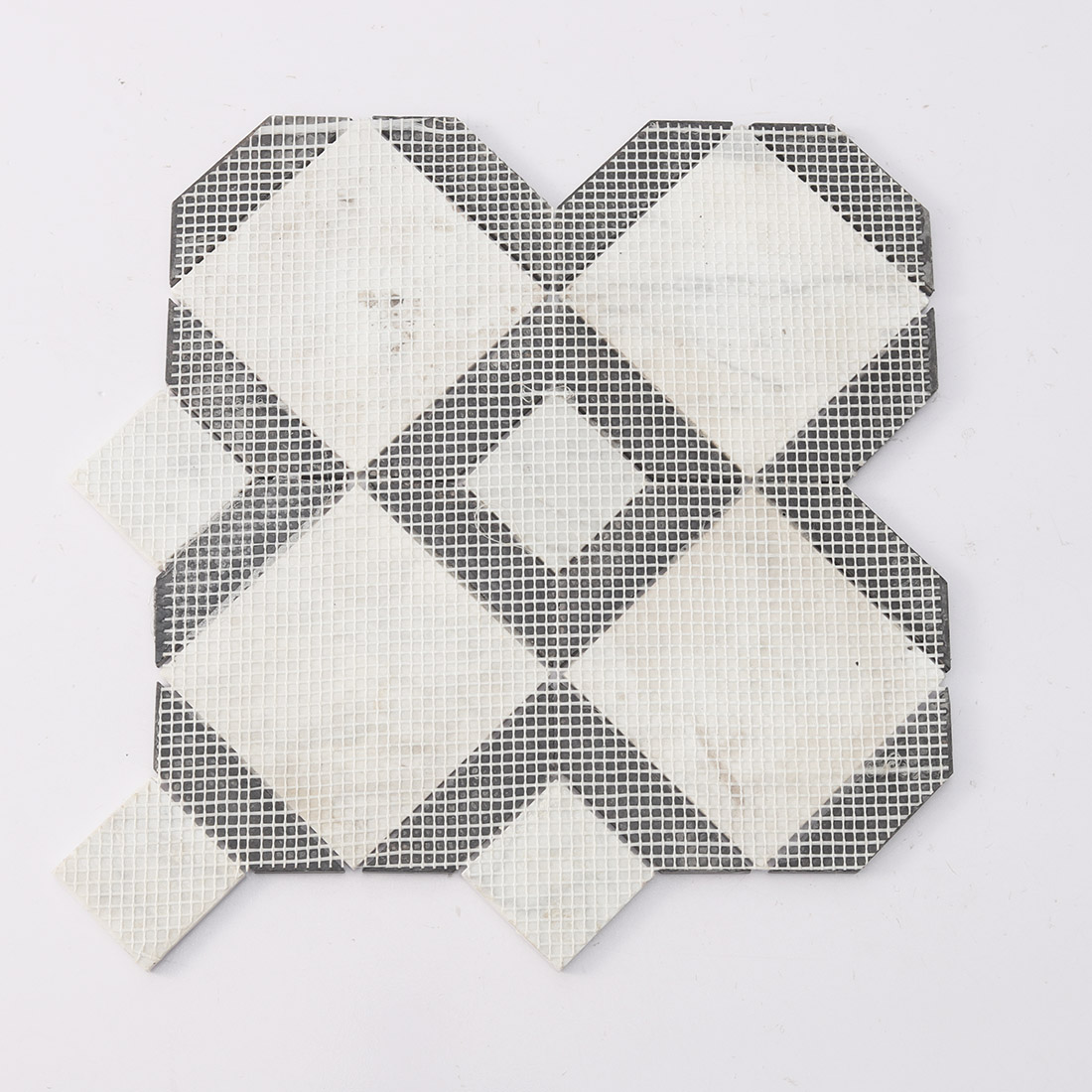 Mesh mounted back of black frame white marble mosaic tile sheet