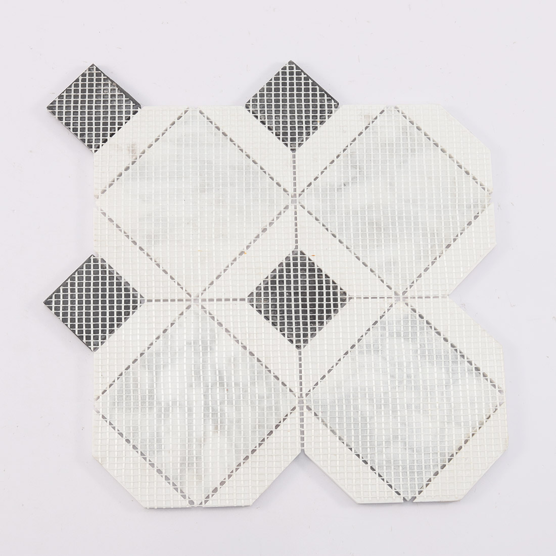 Mesh mounted back of black and white diamond marble mosaic tile sheet