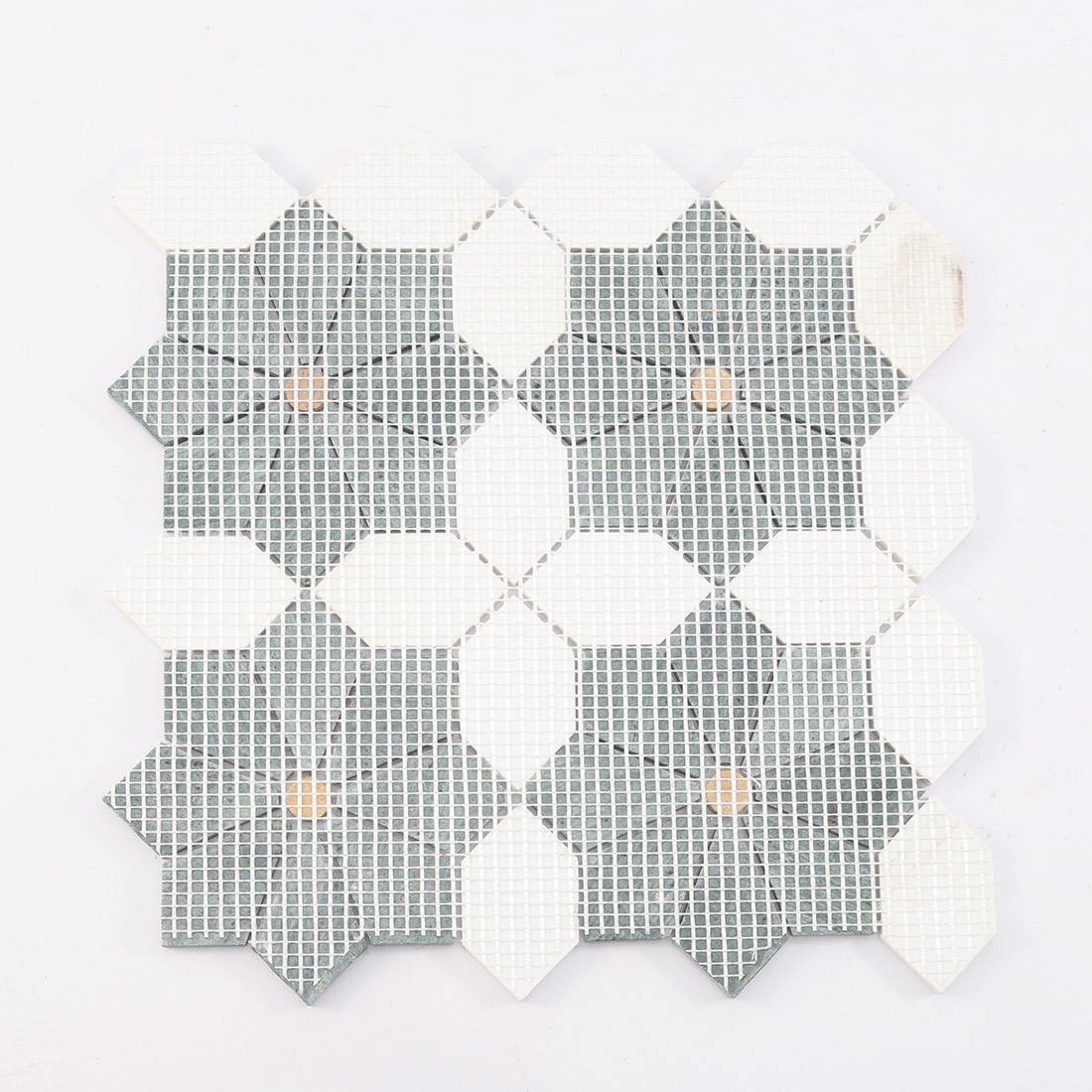 Mesh mounted back of green flower marble mosaic tile with white picket pieces