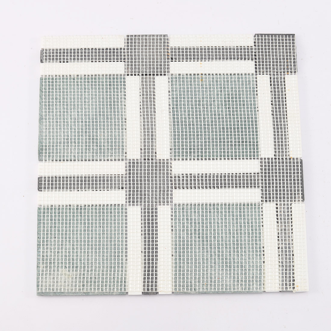 Mesh mounted back of green plaid marble mosaic tile with black white strips