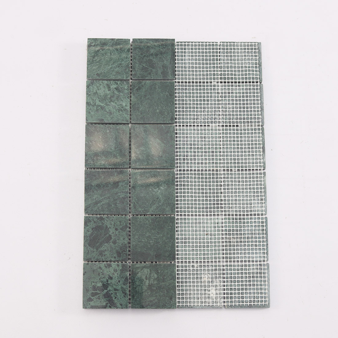 Mesh mounted back of large green square marble mosaic tile sheet
