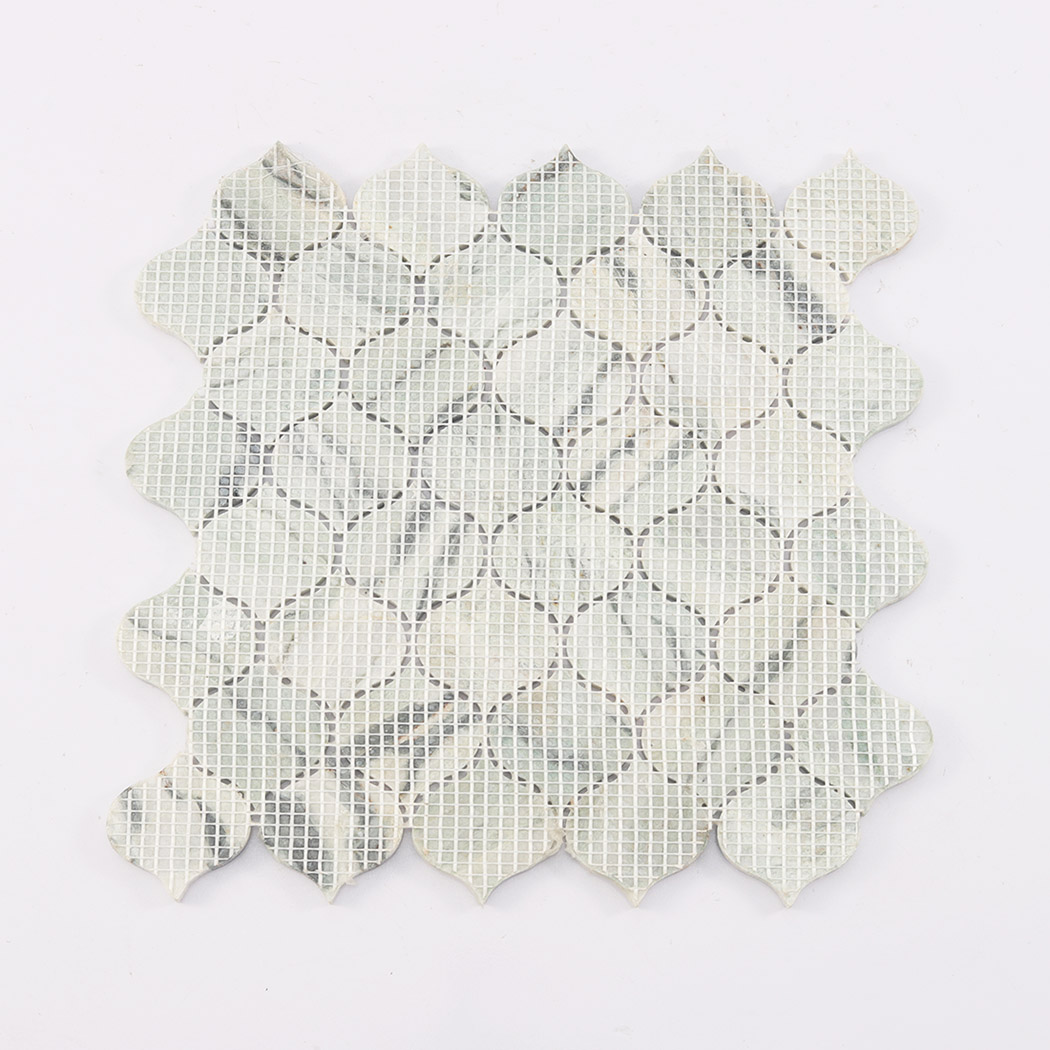 Mesh mounted back of light green lantern marble mosaic tile sheet