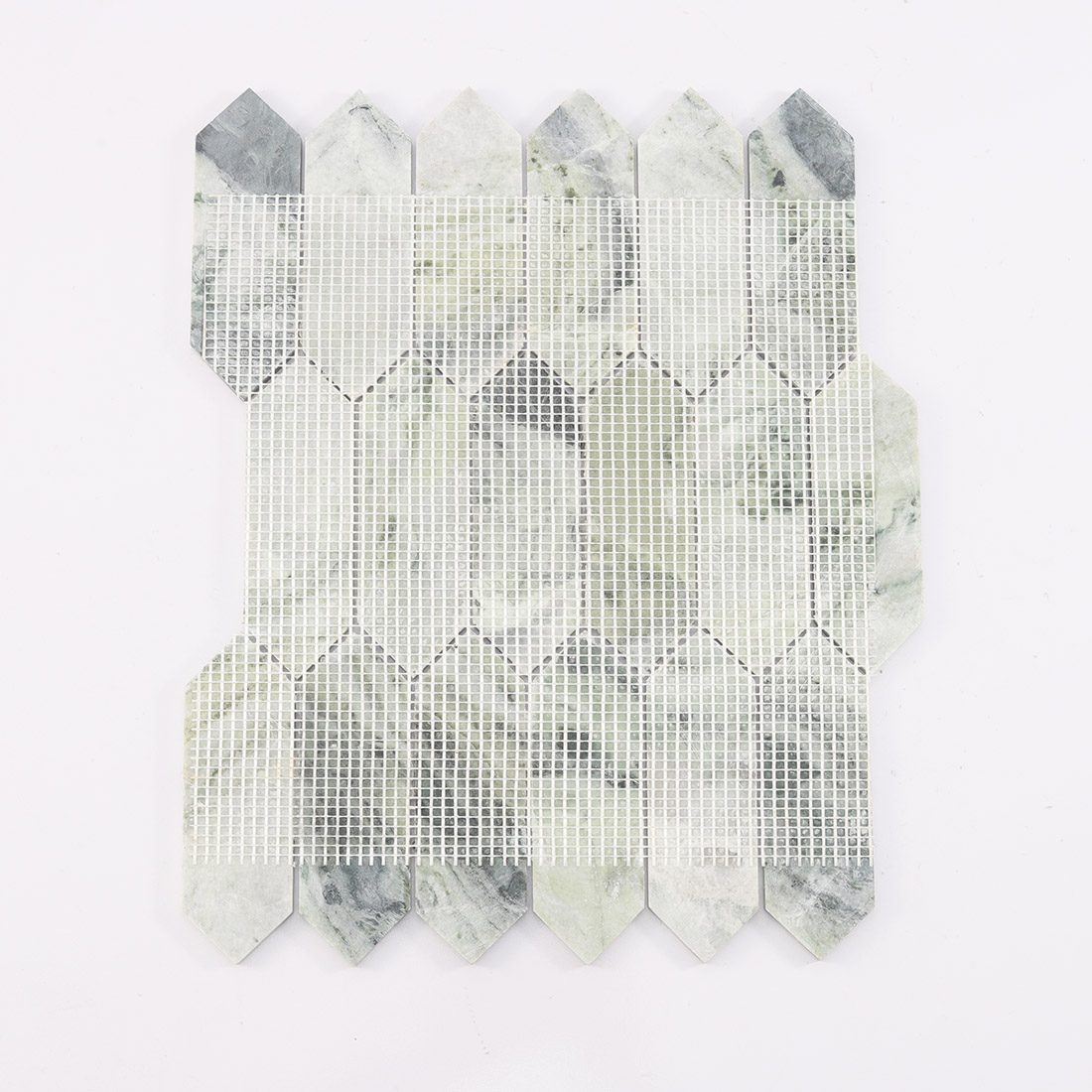 Mesh mounted back of light green picket marble mosaic tile sheet