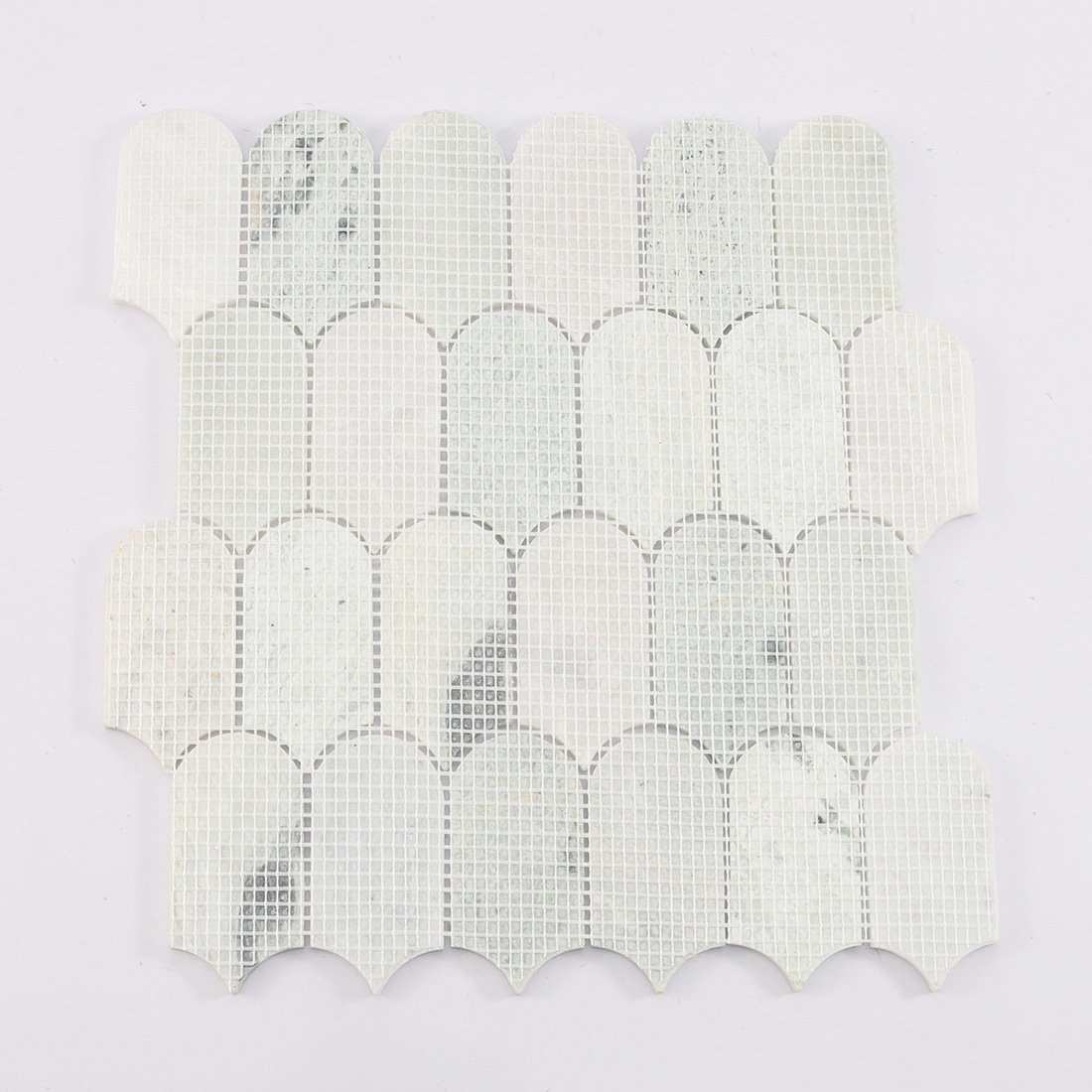 Mesh mounted back of pale green long scallop marble mosaic tile sheet