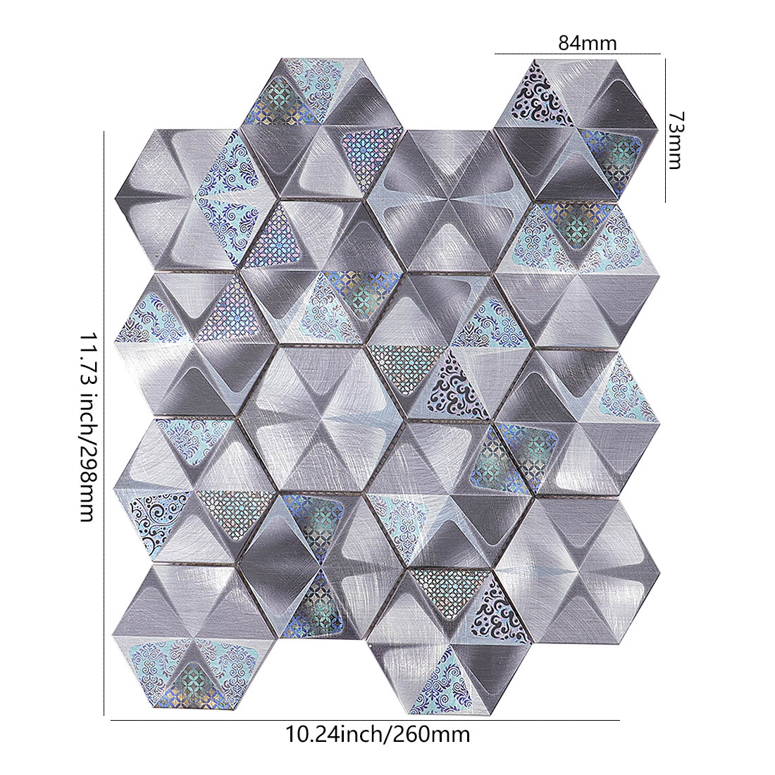 Metallic grey 3D textured hexagon aluminum mosaic tile sheet dimensions