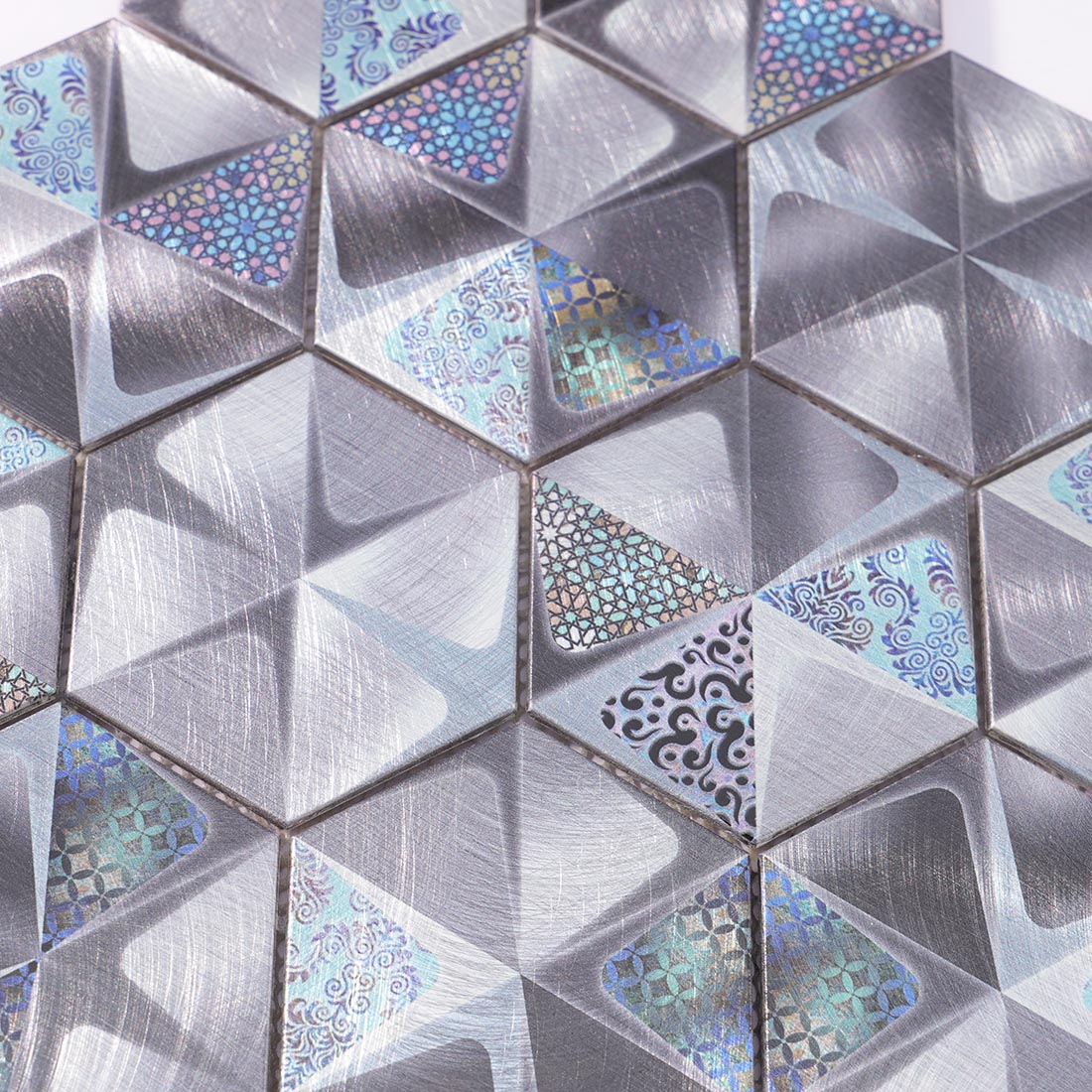 High angle view of metallic grey 3D hexagon aluminum tile surface texture