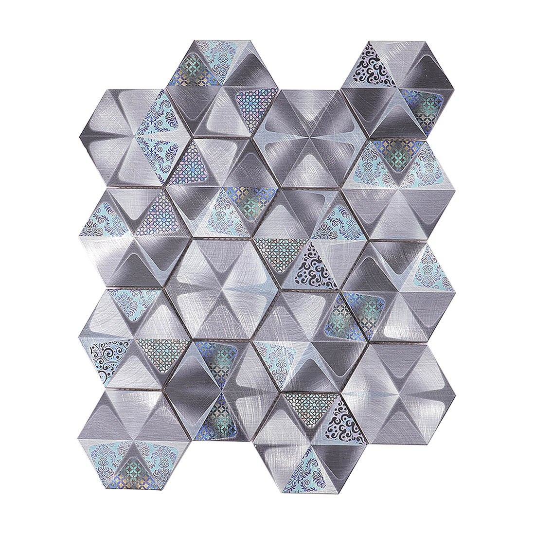 Metallic grey 3D textured hexagon aluminum metal mosaic sheet front view