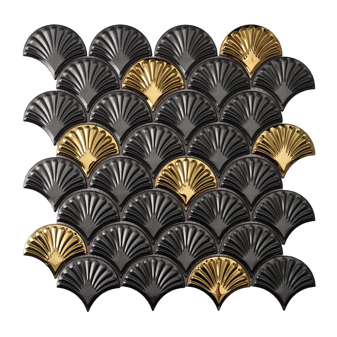 Full sheet of metallic gunmetal and gold scallop shaped fluted mosaic tiles.