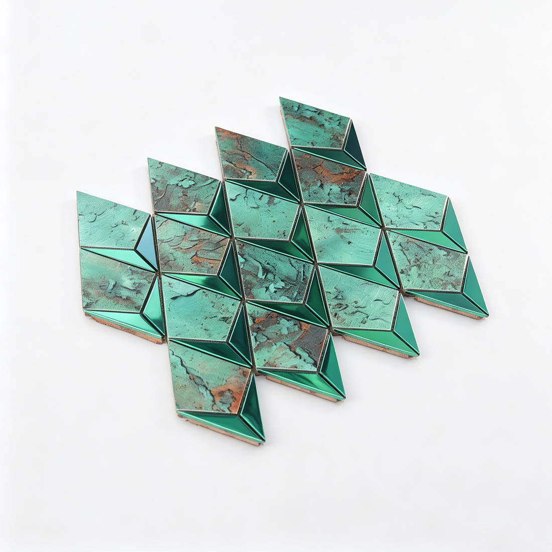 Perspective view of mint green antique aluminum mosaic with a faceted kite pattern