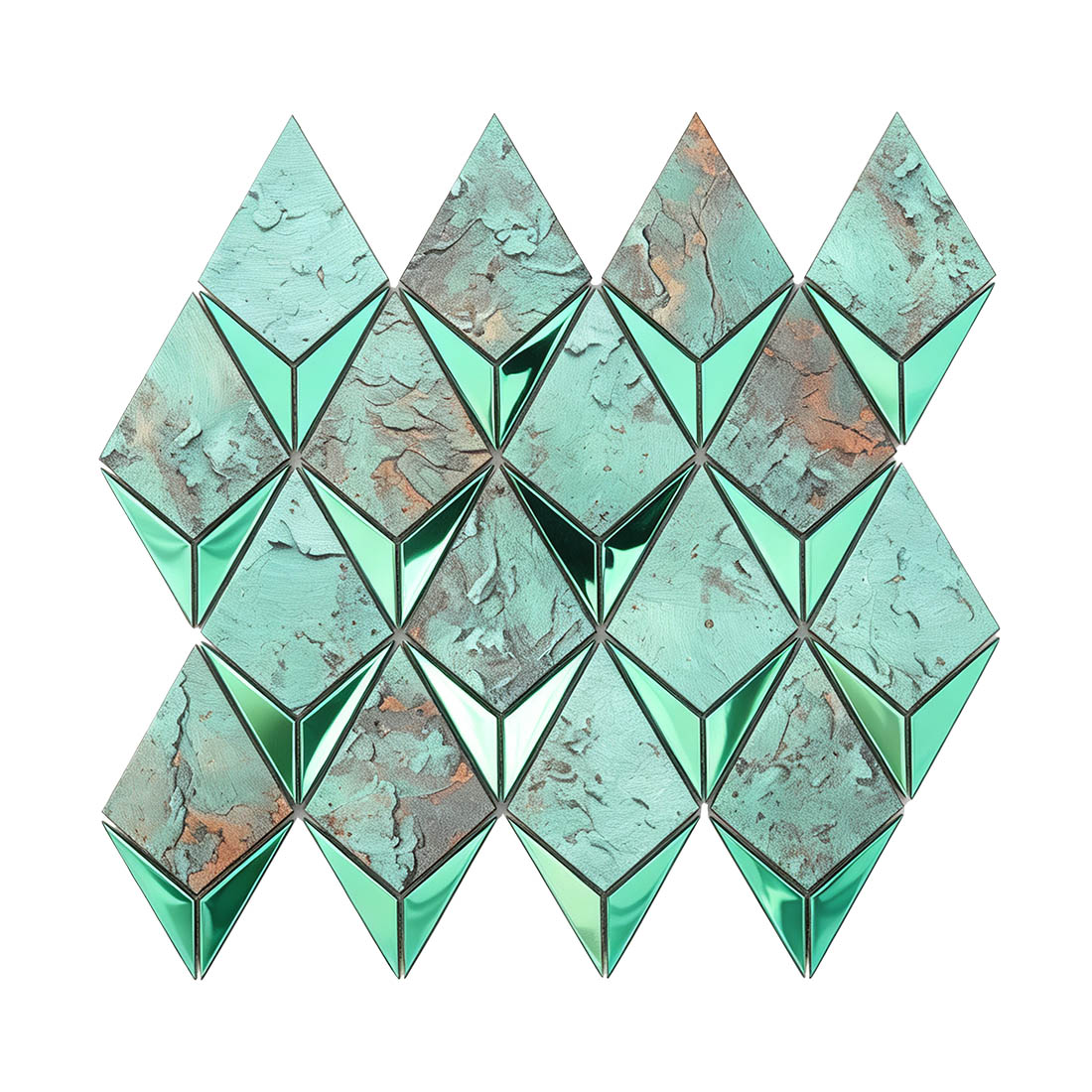 Mint green antique aluminum and stainless steel mosaic with a faceted kite pattern