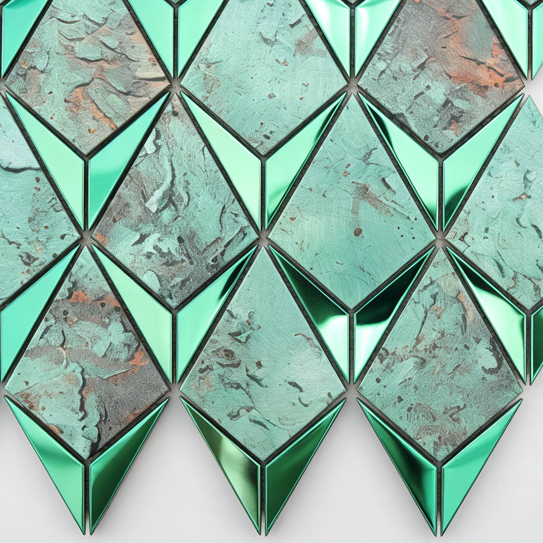 Detailed view of mint green antique aluminum mosaic with polished steel accents