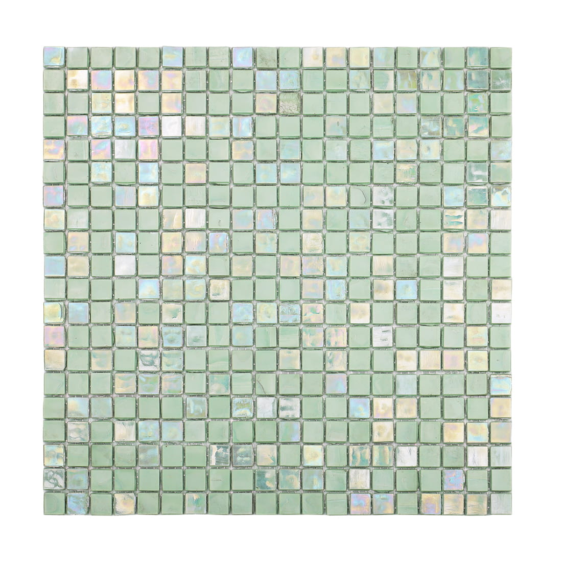 Full view of mint green iridescent square glass mosaic tile sheet