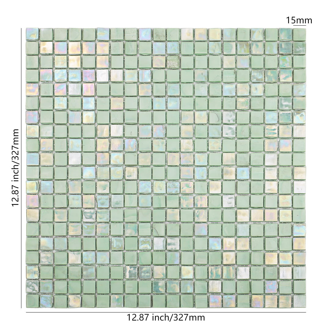 Full sheet of mint green iridescent square glass mosaic tile with size details
