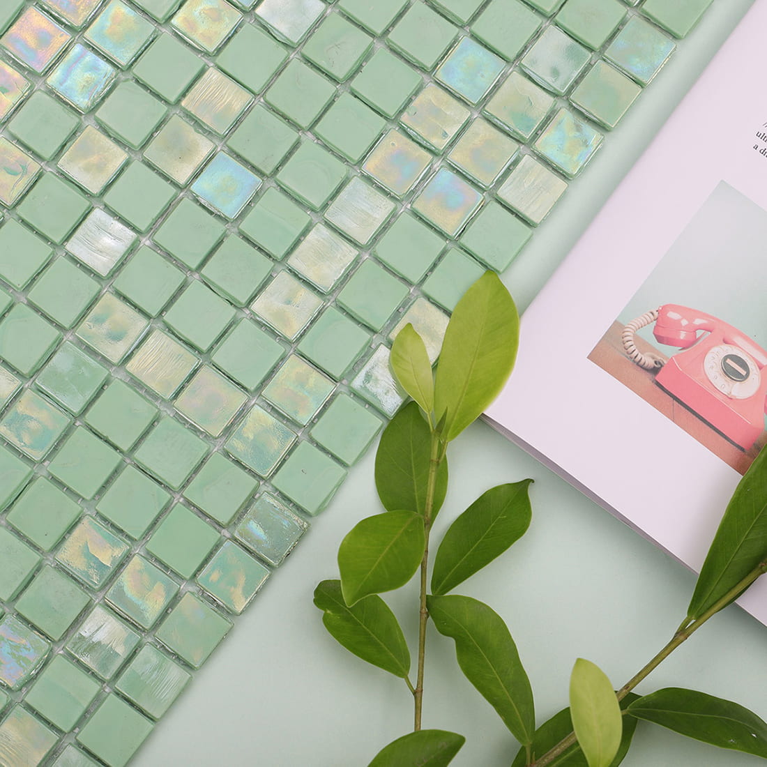 Mint green iridescent square glass mosaic tile with leaves and magazine styling