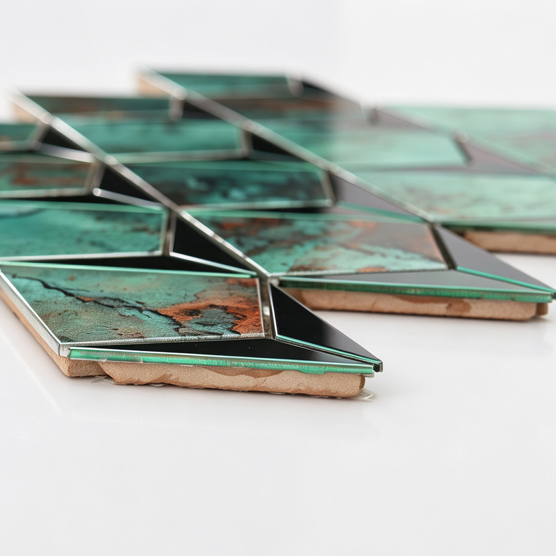 Side view of mint green kite-shaped metal mosaic tiles showing the tile base