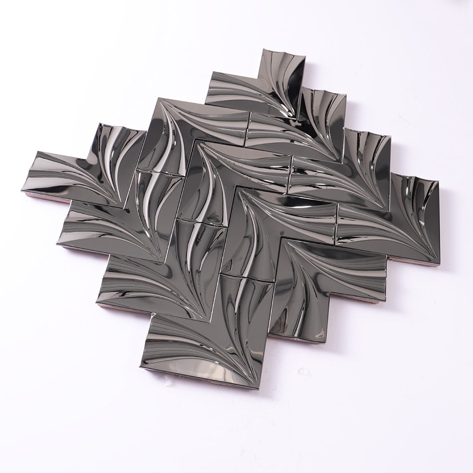 Perspective view of mirror black chevron stainless steel mosaic tile sheet