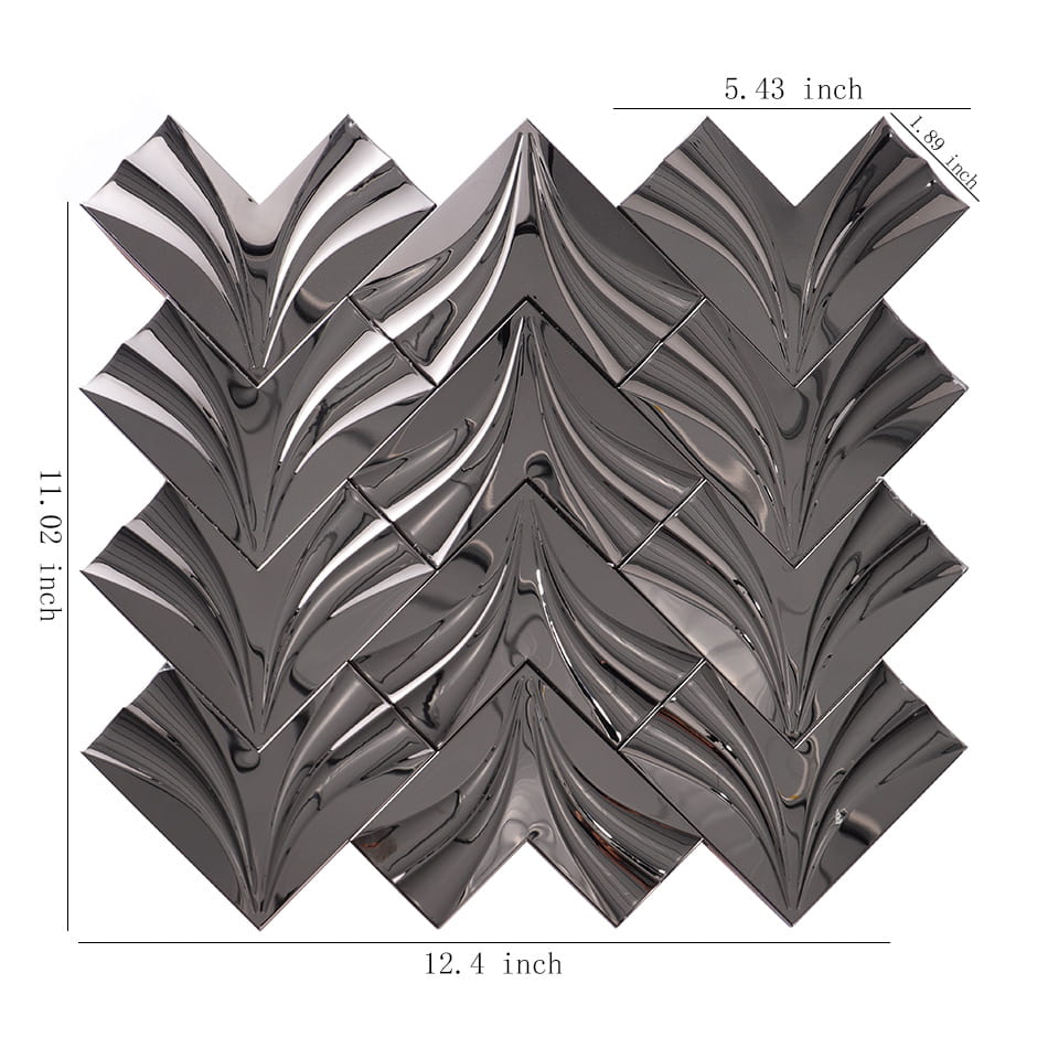 Mirror black chevron stainless steel mosaic tile sheet with size details
