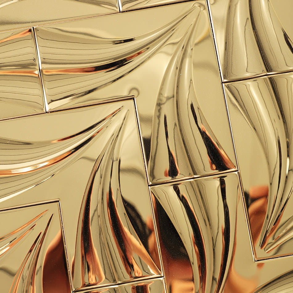 Close-up of mirror gold chevron stainless steel mosaic tile surface