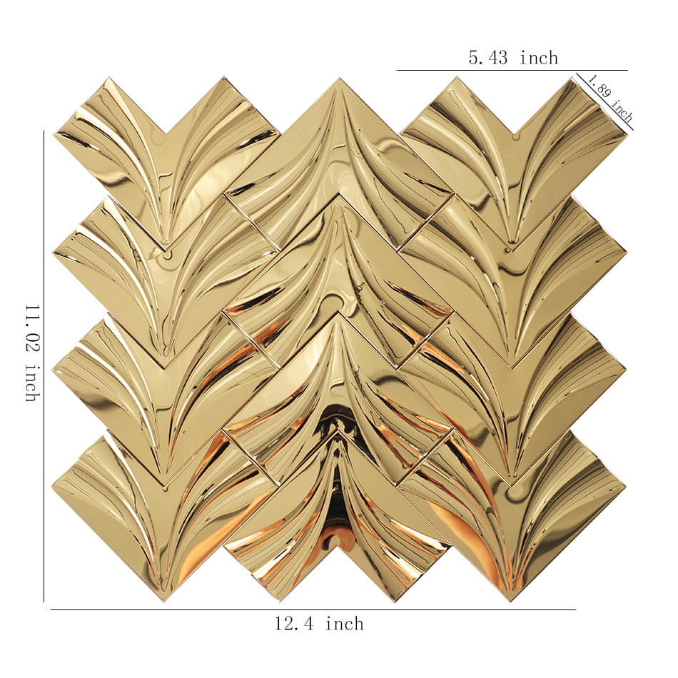 Mirror gold chevron stainless steel mosaic tile sheet with size details