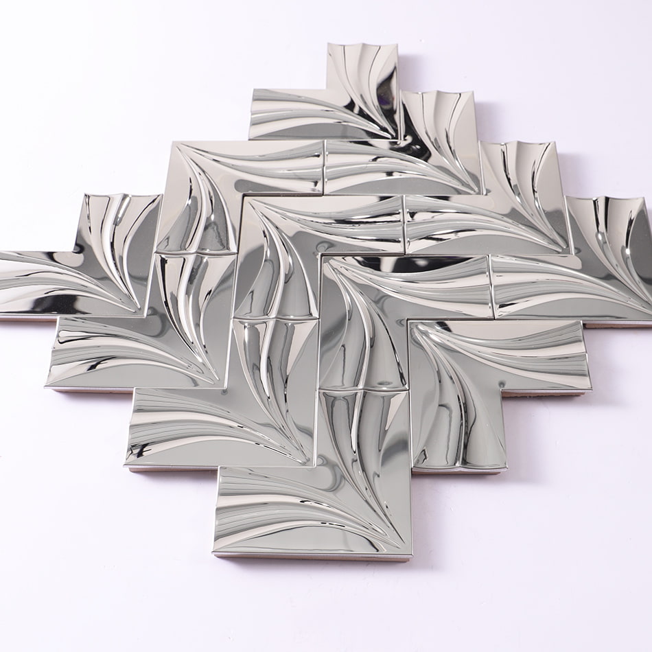 Perspective view of mirror silver chevron stainless steel mosaic tile sheet